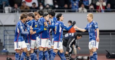 Japan's players celebrate a goal during the World Cup 2026 qualifier football match between Japan and North Korea at Tokyo's National Stadium on March 21, 2024. (Photo by Yuichi YAMAZAKI / AFP)