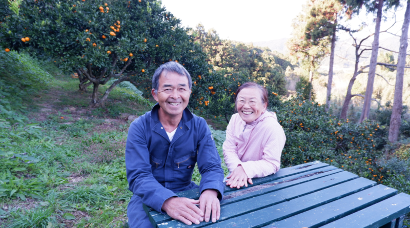 みかん園にて話を聞いた移住者の高橋稔さん(左)と真里子さん(右)